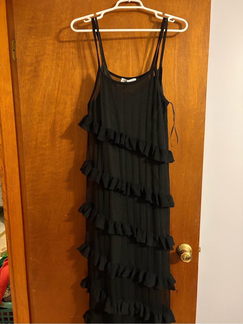 Zara Black Ruffle-Tiered Maxi Slip Dress